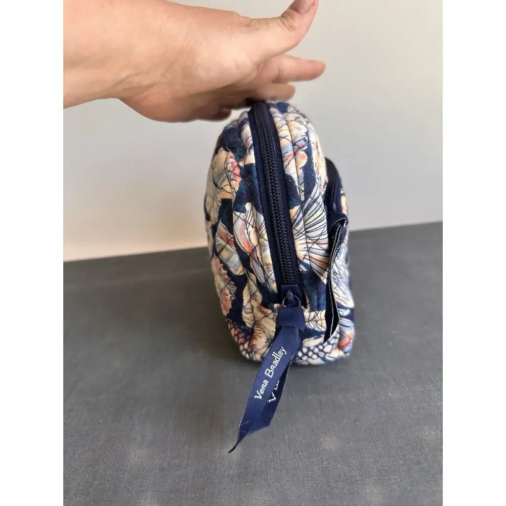 Vera Bradley Morning Shells Navy Cosmetic Pouch Plastic Lined Ocean Quilted